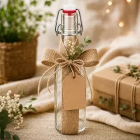 250ml Glasflasche mit Bügelverschluss als Geschenk dekoriert mit Juteschleife, Anhänger und getrockneten Blumen