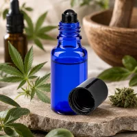 20ml blaue STD Roll-On Flasche schwarzer Deckel geöffnet in natürlichem Kräuterambiente
