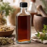 Befüllte 100ml Apothekerflasche mit Lavendel Minze und Kamille auf Holzuntergrund arrangiert