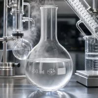 Professioneller Glaskolben 250ml Enghals zwischen modernen Laborgeräten und Apparaturen
