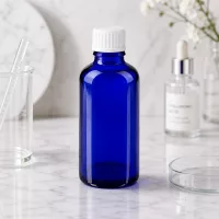 Lichtschutzflasche 50ml blau mit weißem Verschluss für Kosmetik und Pharmazeutika