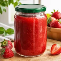 555ml UNiTWIST Marmeladenglas mit grünem BasicSeal Deckel und Erdbeerfüllung neben frischen Früchten