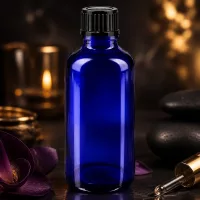 Royalblaue Glasflasche 50ml für ätherische Öle mit schwarzem 11mm Schraubverschluss