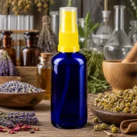 Hochwertige 50ml Blauglasflasche mit Sprühpumpe gelb für pharmazeutische Anwendungen