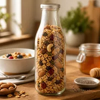 1000ml Glasflasche BasicSeal silber gefüllt mit Müsli Nüssen und Trockenfrüchten für trockene Lebensmittel Vorratshaltun