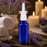 Lichtschutz-Nasensprayflasche 30ml aus blauem Glas mit weißem Pumpkopf und klarer Applikator