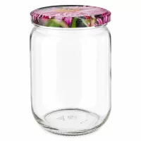 555ml Einmachglas Rundform mit BasicSeal Schraubdeckel Blütenmotiv pink und grün