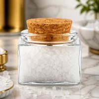 Kompaktes Glasgefäß 40ml mit Naturkorken und Meersalz auf Marmoroberfläche