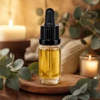 10ml Flakon mit Glaspipette schwarz befüllt mit gelbem Öl auf rustikalem Holzuntergrund