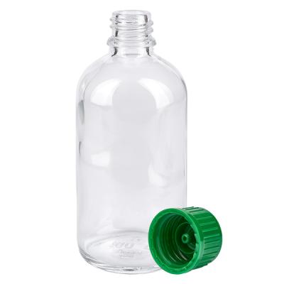 Kleine zylindrische Klarglasflasche 100ml ClearLine mit grünem Verschluss STD SV
