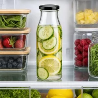 500ml Glasflasche mit Gurken-Zitronen-Wasser im Kühlschrank zwischen frischen Früchten und Gemüse