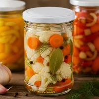 1053ml Sturzglas gefüllt mit eingelegtem Gemüse Karotten Blumenkohl Dill zeigt praktische Verwendung als Einmachglas