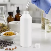 Befüllung weiße HDPE Apothekenflasche 250ml mit Pipette und botanischen Zutaten