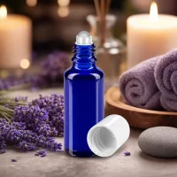 Blaue Roll-On Applikatorflasche 30ml aus UV-Schutzglas mit weißem Kunststoffdeckel