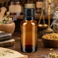 Bernsteinfarbene Medizinflasche 20ml mit schwarzem OV-Verschluss für Heilkräuteröle