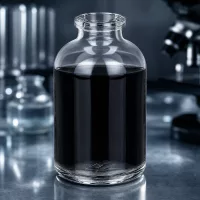 Hochwertige Klarglas Injektionsflasche 50ml mit schwarzem Reagenz im wissenschaftlichen Labor