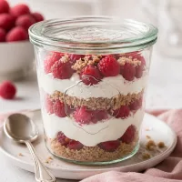 WECK Sturzglas 580ml RR100 als Dessertglas mit Himbeer-Schichtdessert und Streuseln dekorativ angerichtet