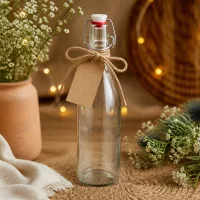 Glasflasche 500ml Bügelverschluss Porzellan als Geschenk mit Kraftpapier-Anhänger und Juteschnur dekoriert