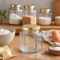 60g Honigglas sechseckig leer in Küchenszene mit Backzutaten Mehl Eiern Butter und Aufbewahrungsgläsern