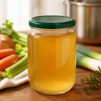 Transparentes 555ml Vorratsglas UNiTWIST BasicSeal grün mit selbst gekochter Brühe im Küchenumfeld