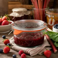 WECK Sturzglas 165ml RR80 gefüllt mit Beerenmarmelade umgeben von frischen Erdbeeren und Heidelbeeren auf Holztisch