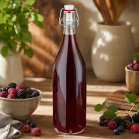 1000ml Glasflasche mit Bügelverschluss gefüllt mit Beerensaft neben frischen Himbeeren und Blaubeeren auf Holz
