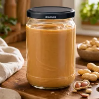UNiTWIST Runda305 Glas mit Erdnussbutter gefüllt und schwarzem BioSeal Deckel umgeben von Erdnüssen auf Holzuntergrund