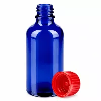 Apothekerflasche 50ml in tiefblauem Glas mit rotem Deckel zum Schutz lichtempfindlicher Substanzen