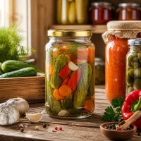 1700ml Rundglas BasicSeal gold beim Einkochen von Gemüse - Einmachglas für Gurken Paprika und Mixed Pickles