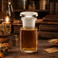 Medizinische Rundschulterflasche Weithals 50ml Klarglas mit Stopfen und Kräuterdekoration