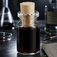 Kompakte Laborflasche 5ml aus Klarglas mit Korken 11/14mm neben Pipette und Notizen