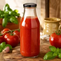 UNiTWIST 330ml Glasflasche mit schwarzem Twist-off Deckel befüllt mit frischer Tomatenpassata