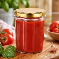 Befülltes 214ml Einweckglas UNiTWIST mit Tomatenmark und goldenem BasicSeal Deckel zum Einkochen
