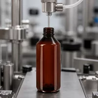 Präzisionsabfüllung einer braunen PET Flasche 1000ml mit grünem OV in Reinraumanlage
