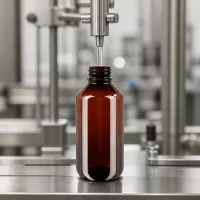 Braune 200ml PET Flasche mit weißem OV in automatisierter pharmazeutischer Fertigung