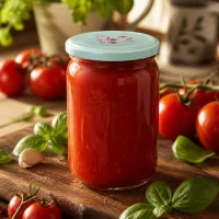 BasicSeal Herzdeckel mint auf 555ml Rundglas mit Tomatensoße Basilikum und Knoblauch