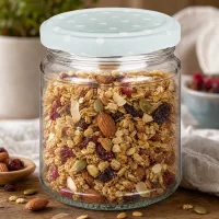 212ml Rundglas mit Müsli gefüllt, mint BasicSeal Deckel Punkte, Vorratsglas für Granola mit Nüssen und Trockenfrüchten