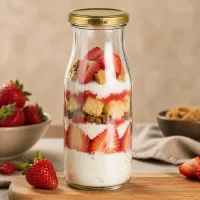UNiTWIST Glasflasche 150ml Erdbeer-Dessert Schichtdessert goldener TO43 BioSeal Deckel Sahne Kekse Holzbrett