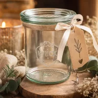 WECK Sturzglas RR60 160ml als Geschenkverpackung mit Anhänger und Band in gemütlicher Atmosphäre mit Kerze