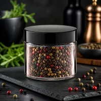 Hochwertiger Glastiegel 30ml mit buntem Pfeffermix und schwarzem Deckel in moderner Küchenszenerie