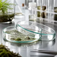 Petrischale Glas 80x15mm mit organischen Pflanzenproben umgeben von Laborzubehör und Erlenmeyerkolben