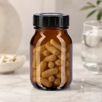 Vielseitige Weithalsflasche 75ml Braunglas mit schwarzem Verschluss für Labor und Küche