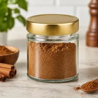154ml Rundglas BasicSeal gold gefüllt mit braunem Pulver Zimt Gewürze Küchenszenerie Vorratsglas Aufbewahrung
