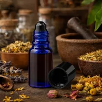 Kleine blaue 10ml Rollerflasche aus Apothekerglas mit schwarzem Deckel in apothekartypischer Umgebung