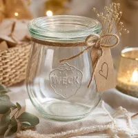 WECK Tulpenglas 220ml RR60 dekorativ mit Juteschnur Kraftpapier-Anhänger und getrockneten Blumen als Geschenkidee