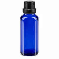 Kleine blaue Medizinflasche 30ml aus Apothekenglas mit schwarzem Tropfverschluss