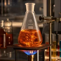 Chemische Reaktion in 500ml Glaskolben mit Normschliff 29/32 über Gasbrenner