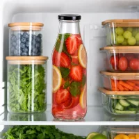 1000ml Glasflasche mit Erdbeer-Zitronen-Getränk im Kühlschrank zwischen organisierten Lebensmittelbehältern