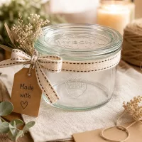 WECK Sturzglas 200ml RR80 als Geschenk dekoriert mit Schleifenband und Anhänger Made with Love