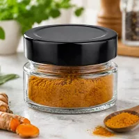 80ml Rundglas mit schwarzem BasicSeal Deckel gefüllt mit Kurkumapulver Gewürze Küchenumgebung Anwendungsbeispiel